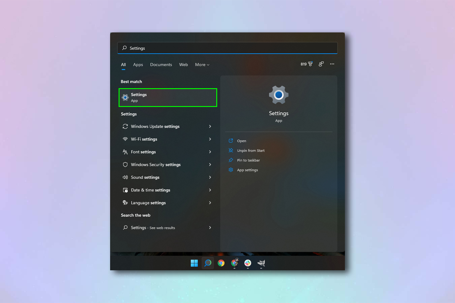 A screenshot of the Windows Start menu showing the Settings app