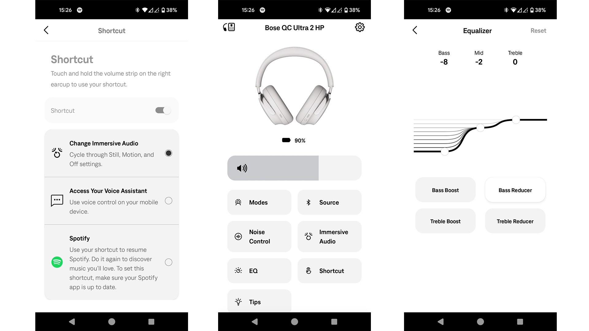 Bose QuietComfort Ultra Headphones (2nd Gen) noise-cancelling headphones app on three smartphone screens