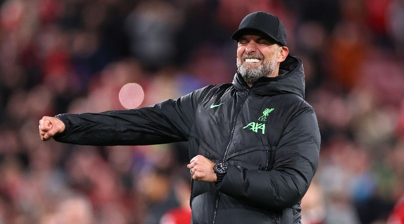 Jurgen Klopp celebrates at the end of Liverpool&#039;s win over Sheffield United in April 2024.