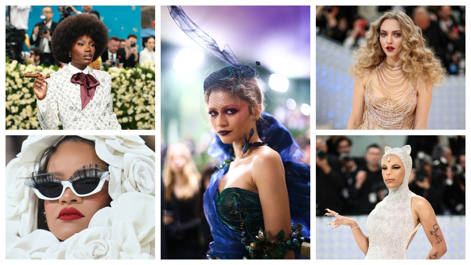 a carousel of five women in bold makeup at the met gala