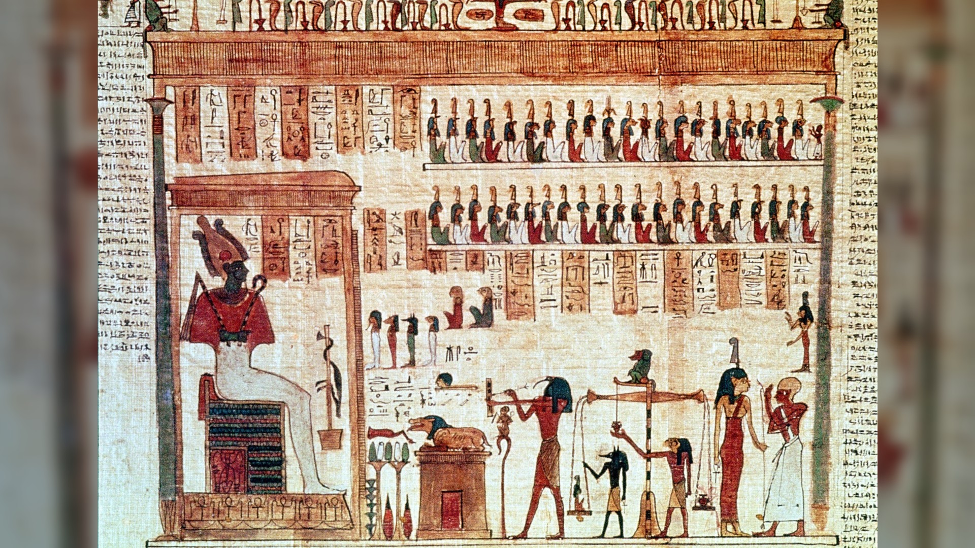 An image from the Book of the Dead. A section of the Book of the Dead. Here we see judgment of the dead, with the weighing of the heart ritual.