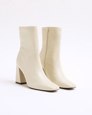 River Island, Cream Faux Leather Block Heeled Boots