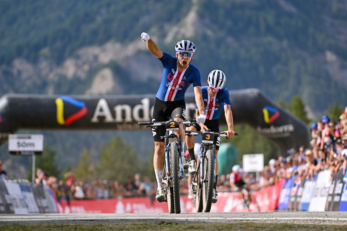 Picture by Will Palmer/SWpix.com - 30/08/2024 - Cycling - 2024 UCI Mountain Bike World Championships - Pal Arinsal, Arinsal, Andorra - Men U23 Cross-country Short Track Final - Riley Amos (United States) wins with Bjorn Riley (United States) in second