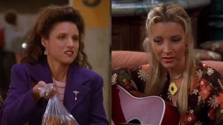 Right: Julia Louis-Dreyfus as Elaine on Seinfeld. Left: Lisa Kudrow as Phoebe on Friends.