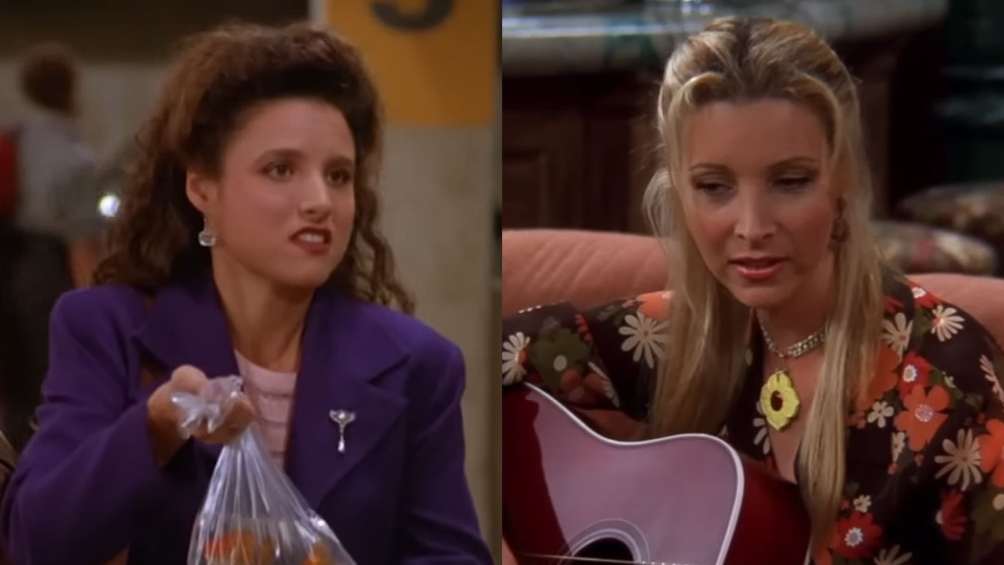 Right: Julia Louis-Dreyfus as Elaine on Seinfeld. Left: Lisa Kudrow as Phoebe on Friends.