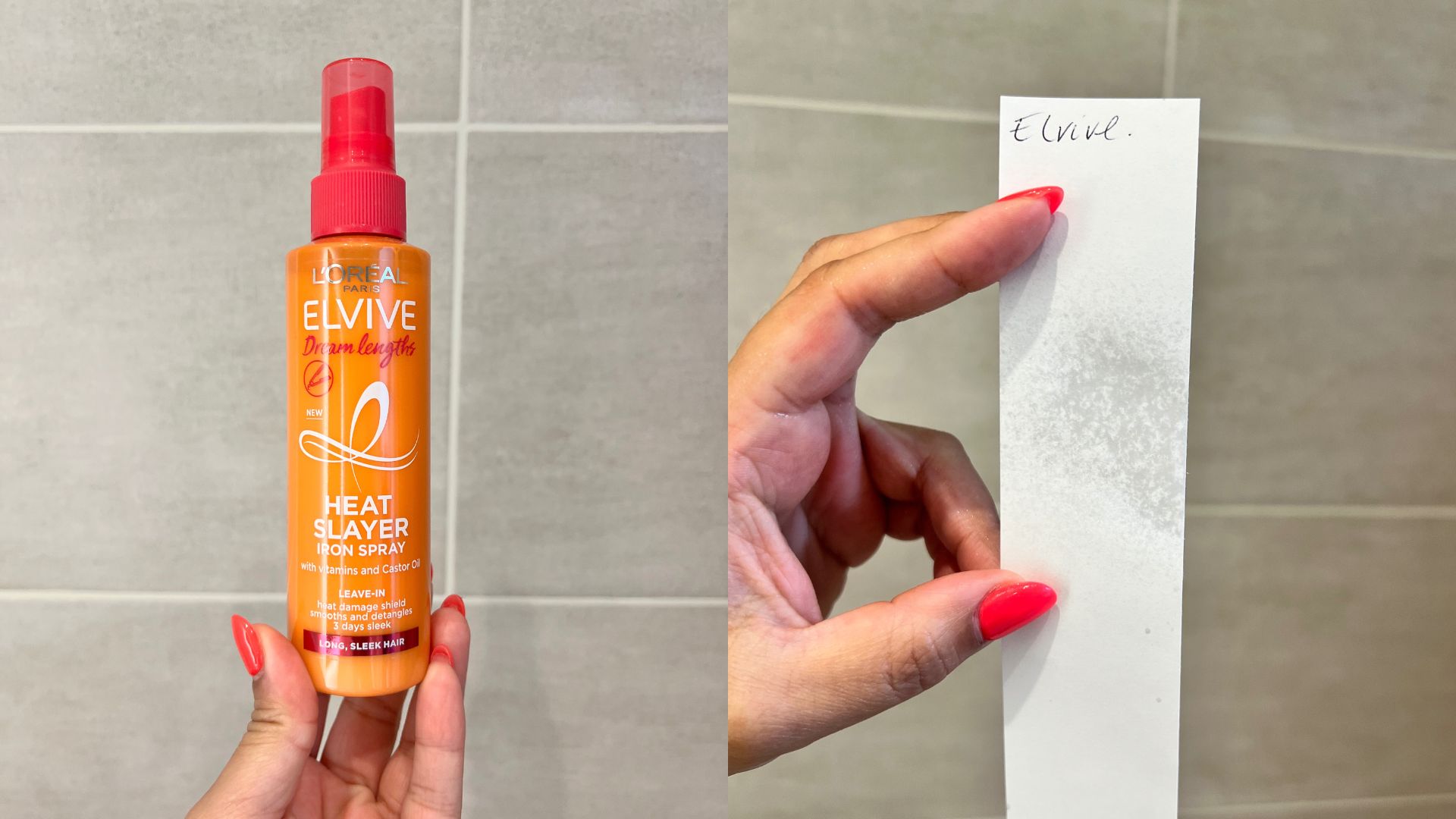 L&#039;Ore&amp;#769;al Elvive Dream Lengths Heat Slayer Iron Spray next to a paper strip showing the texture of the formula