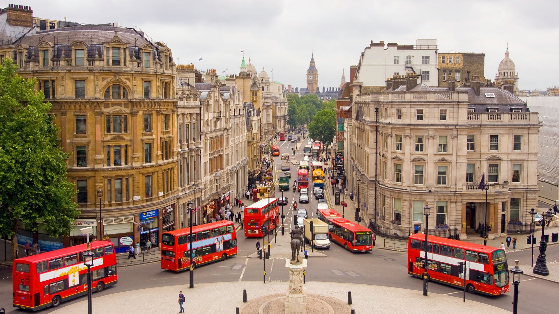 Westminster, London, England. View from the top of Nelson&#039;s Column in Trafalgar Square down Whitehall towards Big Ben