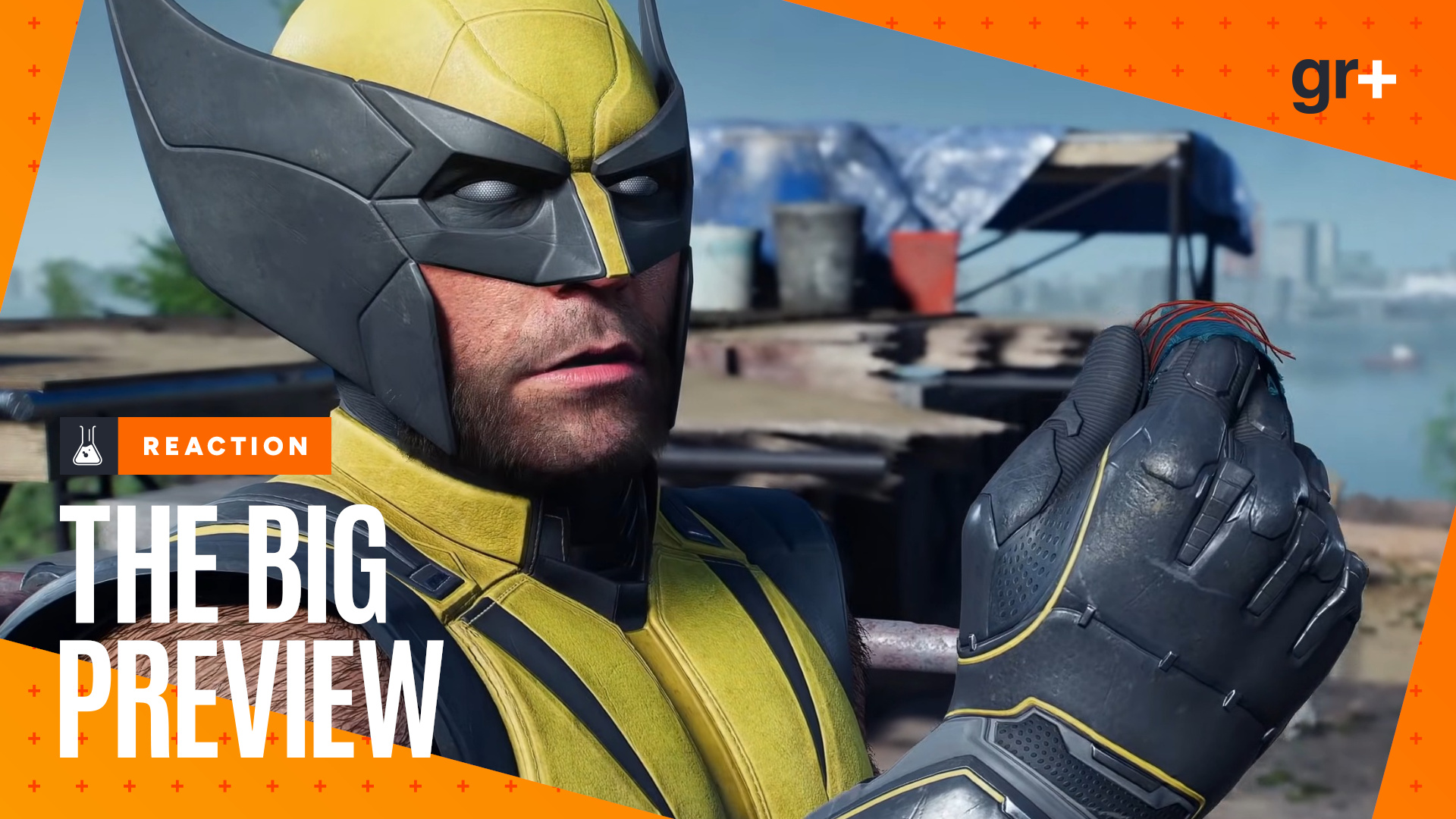 A cropped image of Logan examining fibers in Marvel's Wolverine as he tracks kidnap victims, with the orange GamesRadar Big Preview frame