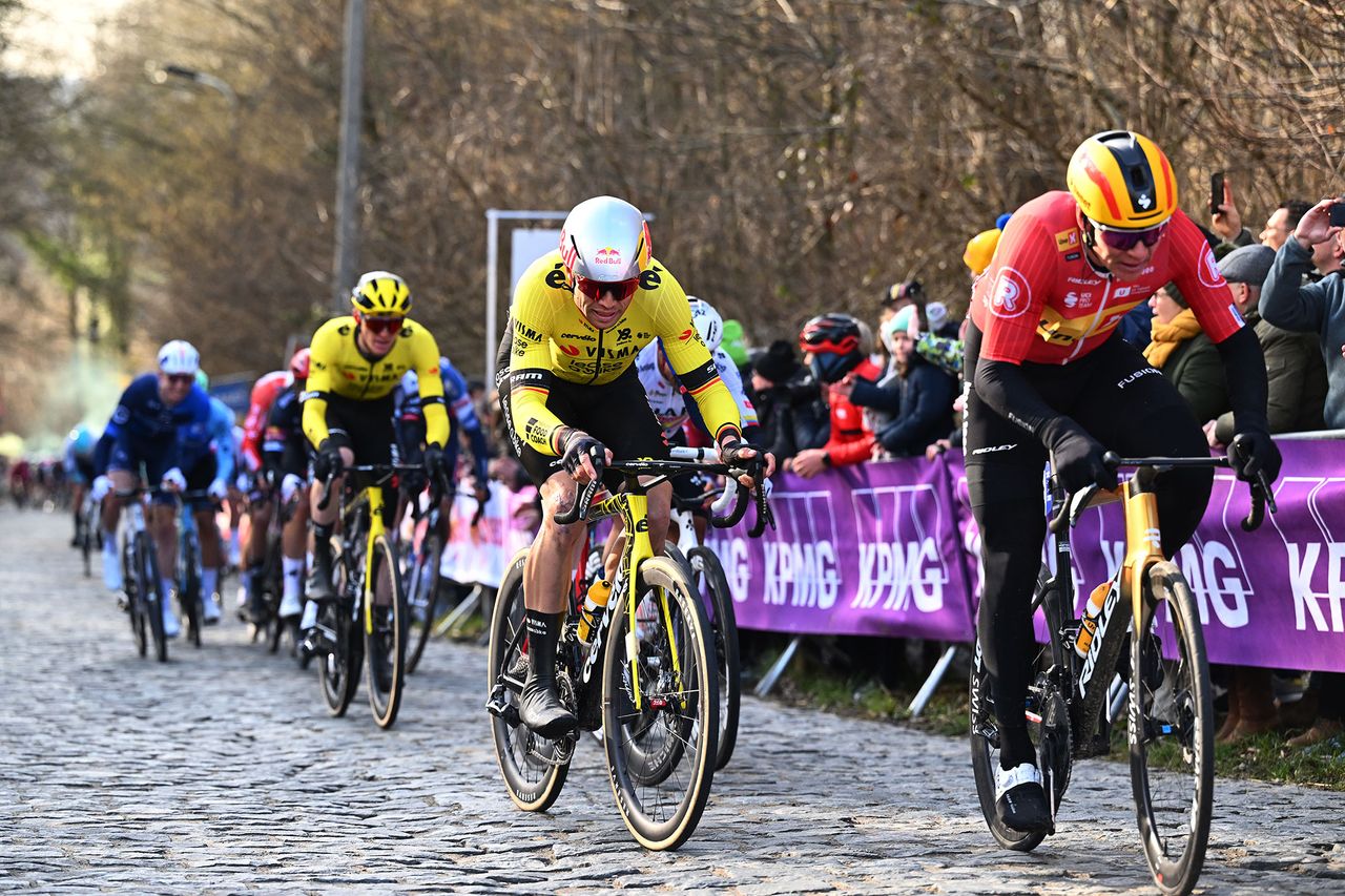 Van Aert battles with the cobbles as he looks for victory in the Omloop
