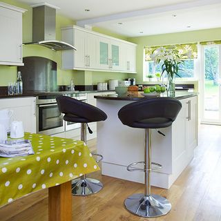 kitchen room with lime green walls and white cabinets