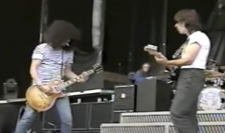 Slash (left) and Jeff Beck perform at a soundcheck at the Hippodrome de Vincennes in Paris on June 6, 1992