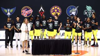 palmetto, fl october 6 wnba commissioner cathy engelbert congratulates the seattle storm and the las vegas aces after the storm win the 2020 wnba championship in game three of the wnba finals on october 6, 2020 at feld entertainment center in palmetto, florida note to user user expressly acknowledges and agrees that, by downloading andor using this photograph, user is consenting to the terms and conditions of the getty images license agreement mandatory copyright notice copyright 2020 nbae photo by ned dishmannbae via getty images