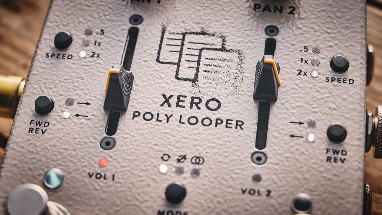 Walrus Audio Xero Polylooper: the dual-slider and footswitch looper is photogaphed against a wooden floor.