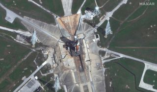 overhead view of rocket on a launch pad