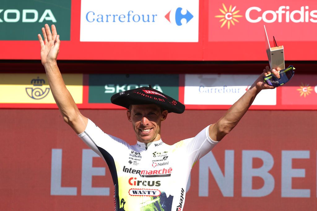 LEKUNBERRI SPAIN SEPTEMBER 10 Rui Costa of Portugal and Team Intermarche Circus Wanty celebrates at podium as stage winner during the 78th Tour of Spain 2023 Stage 15 a 1583km stage from Pamplona to Lekunberri UCIWT on September 10 2023 in Lekunberri Spain Photo by Alexander HassensteinGetty Images