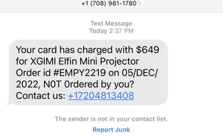 A scam text message claiming to come from Amazon