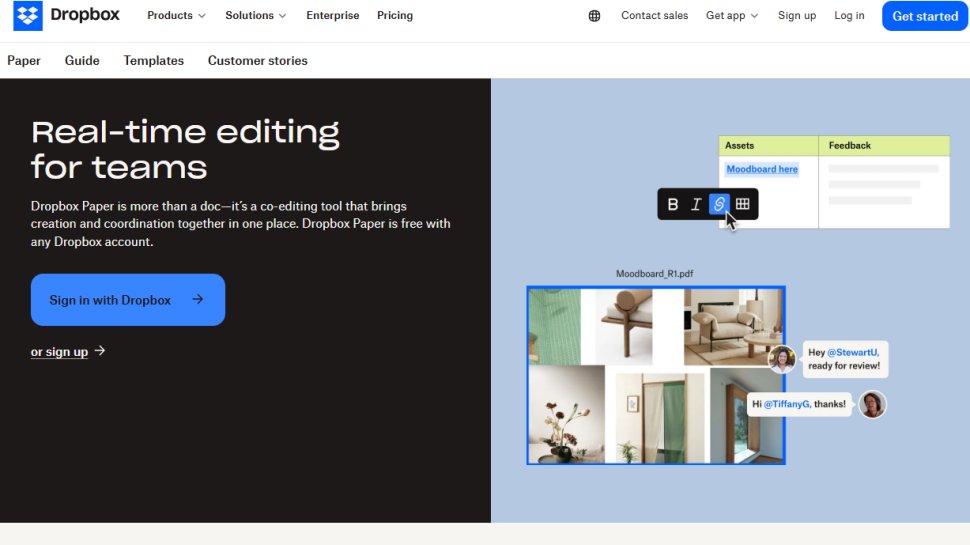 Website screenshot of Dropbox Paper (January, 2026)