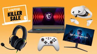 MSI Thin A15 gaming laptop, GameSir, Meta, MSI, Razer V2 X gaming headset, GameSir wireless controller, Meta Quest 3S VR headset, and Acer Predator X27U gaming monitor against orange gradient background