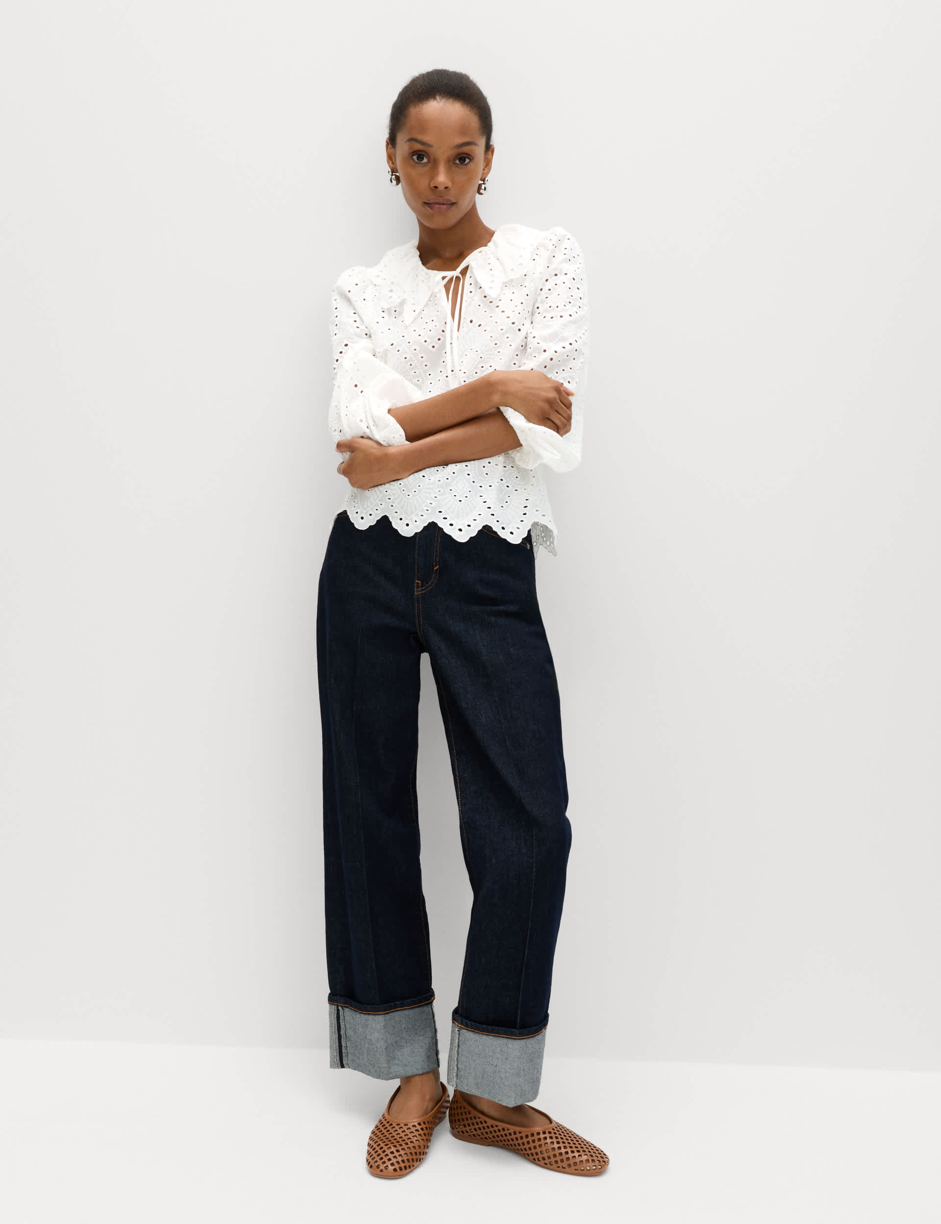 Pure Cotton Broderie Tie Front Blouse