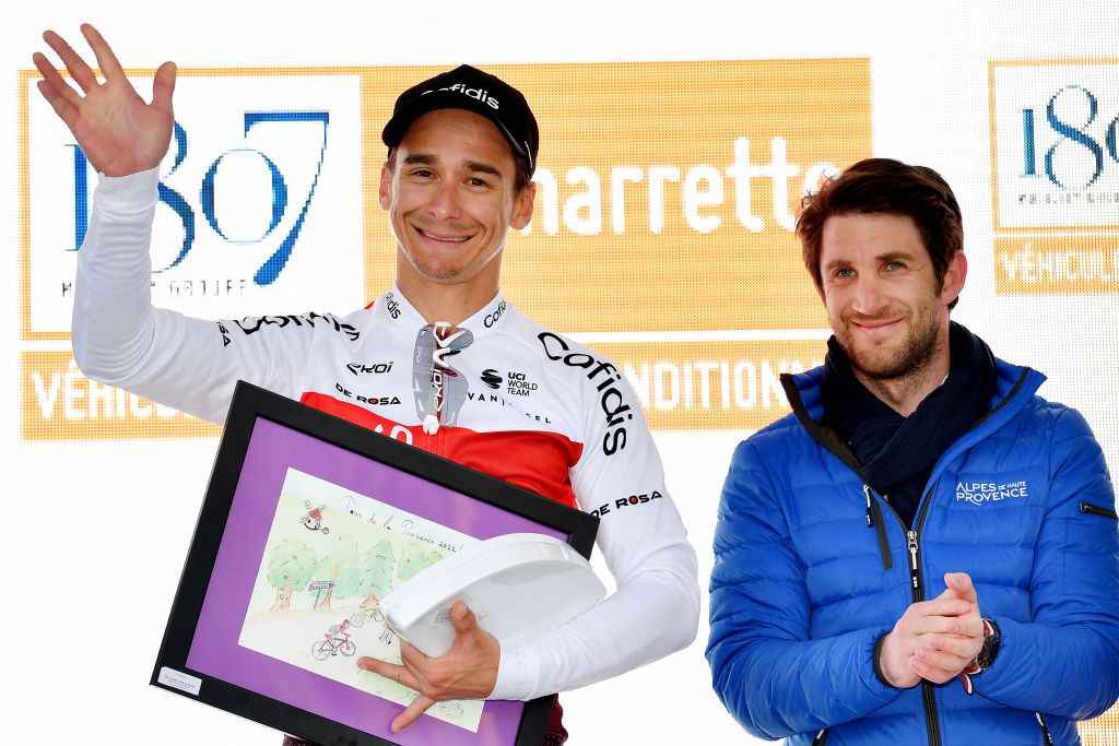 MANOSQUE FRANCE FEBRUARY 12 Bryan Coquard of France and Team Cofidis celebrates winning the stage on the podium ceremony after the 6th Tour de La Provence 2022 Stage 2 a 1806km stage from Arles to Manosque 417m TDLP22 on February 12 2022 in Manosque France Photo by Luc ClaessenGetty Images