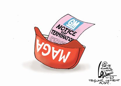 Political cartoon U.S. MAGA Trump GM plant closing job loss economy