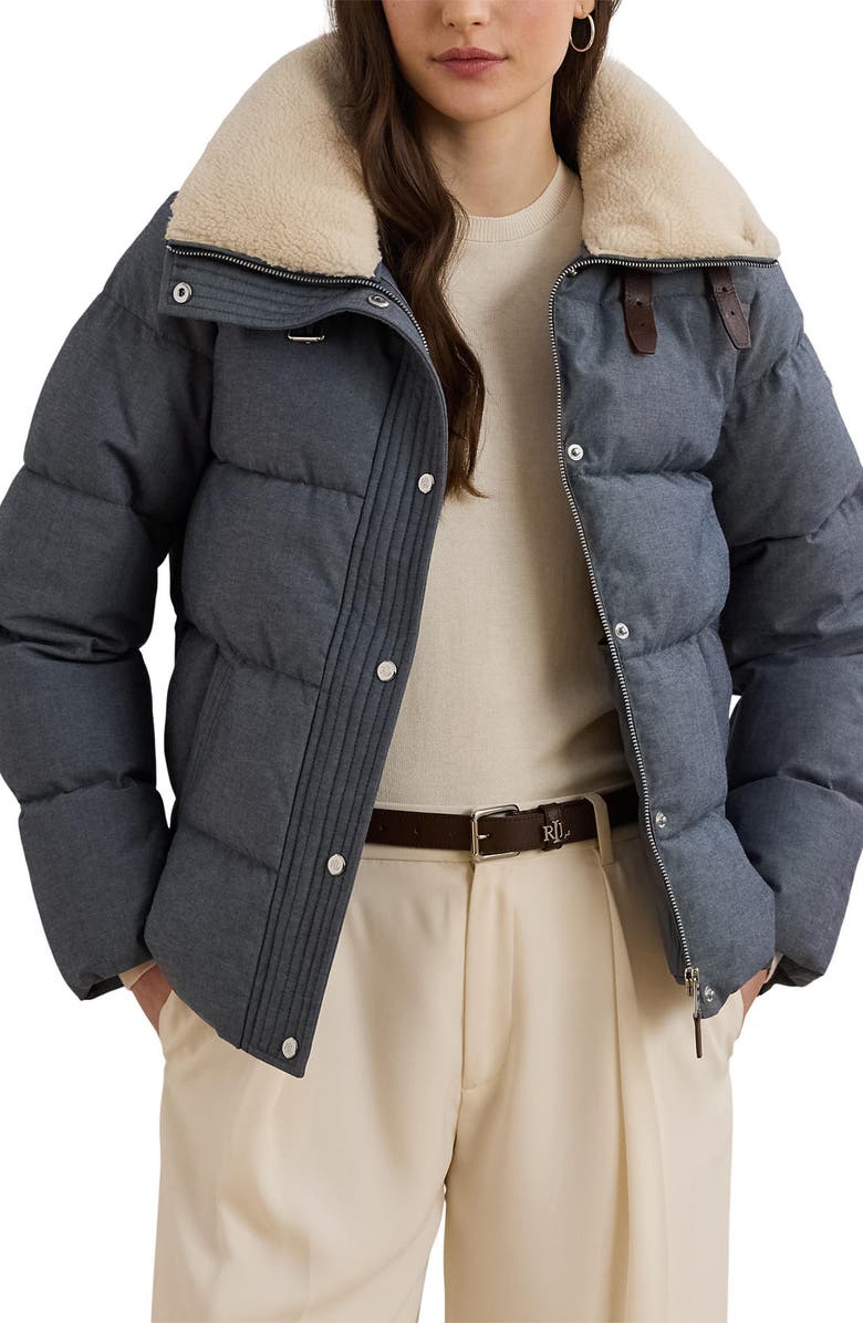 Chambray Puffer Jacket With Faux Shearling Collar