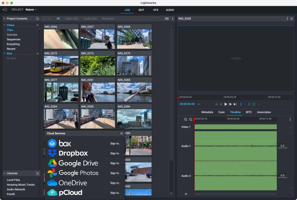 Screenshot of cloud imports in Lightworks video editor