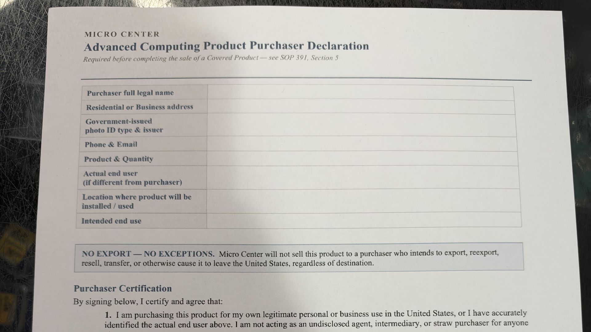 Micro Center RTX 5090 purchase declaration form