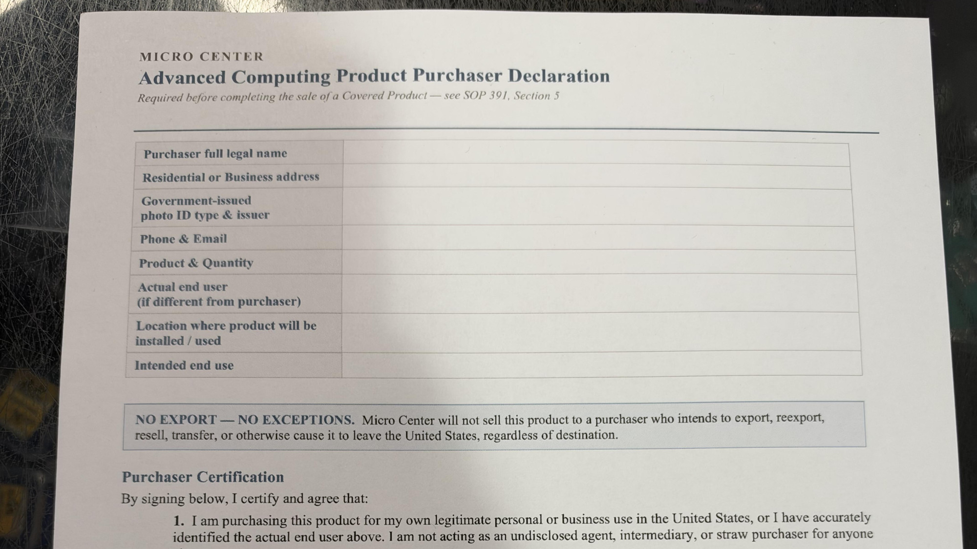 Micro Center RTX 5090 purchase declaration form