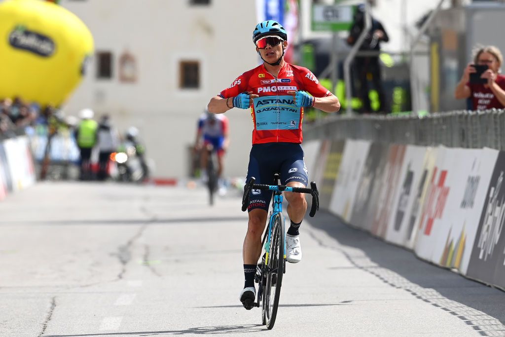 LIENZ AUSTRIA APRIL 21 Miguel ngel Lpez Moreno of Colombia and Team Astana Qazaqstan red intermediate sprint jersey celebrates winning during the 45th Tour of the Alps 2022 Stage 4 a 1424km stage from Villabassa to Kals am Grossglockner 1336m TouroftheAlps on April 21 2022 in Lienz Austria Photo by Tim de WaeleGetty Images