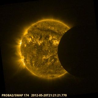 The European Space Agency's Proba-2 space weather satellite observed the annular solar eclipse on May 20, 2012. The event was used to assess the intensity of stormy "active regions" across the sun's face and to check the performance of Proba-2's SWAP imager.