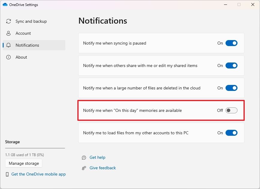 Notify me when 'On this day' memories are available option disabled