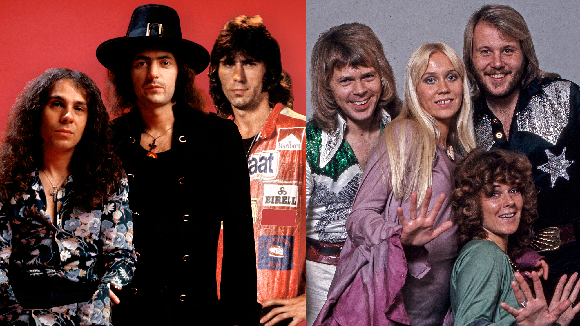LEFT: Ronnie James Dio, Ritchie Blackmore and Cozy Powell, 1980s. RIGHT: ABBA pose in the 1970s