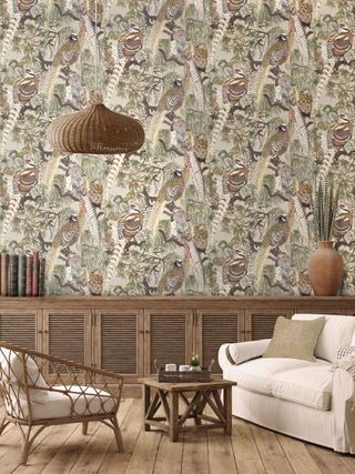game birds wallpaper in rustic room