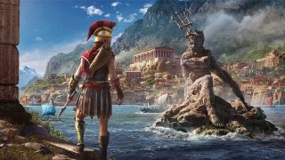 En kriger og en stenstatue af Zeus i havet fra spillet Assassin's Creed Odyssey