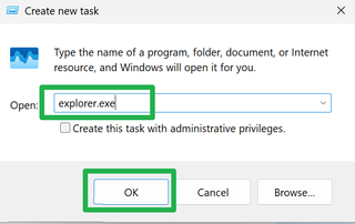 Enter Explorer.exe in the open field and click Ok