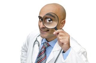 doctor, researcher, looking, magnifying glass, search