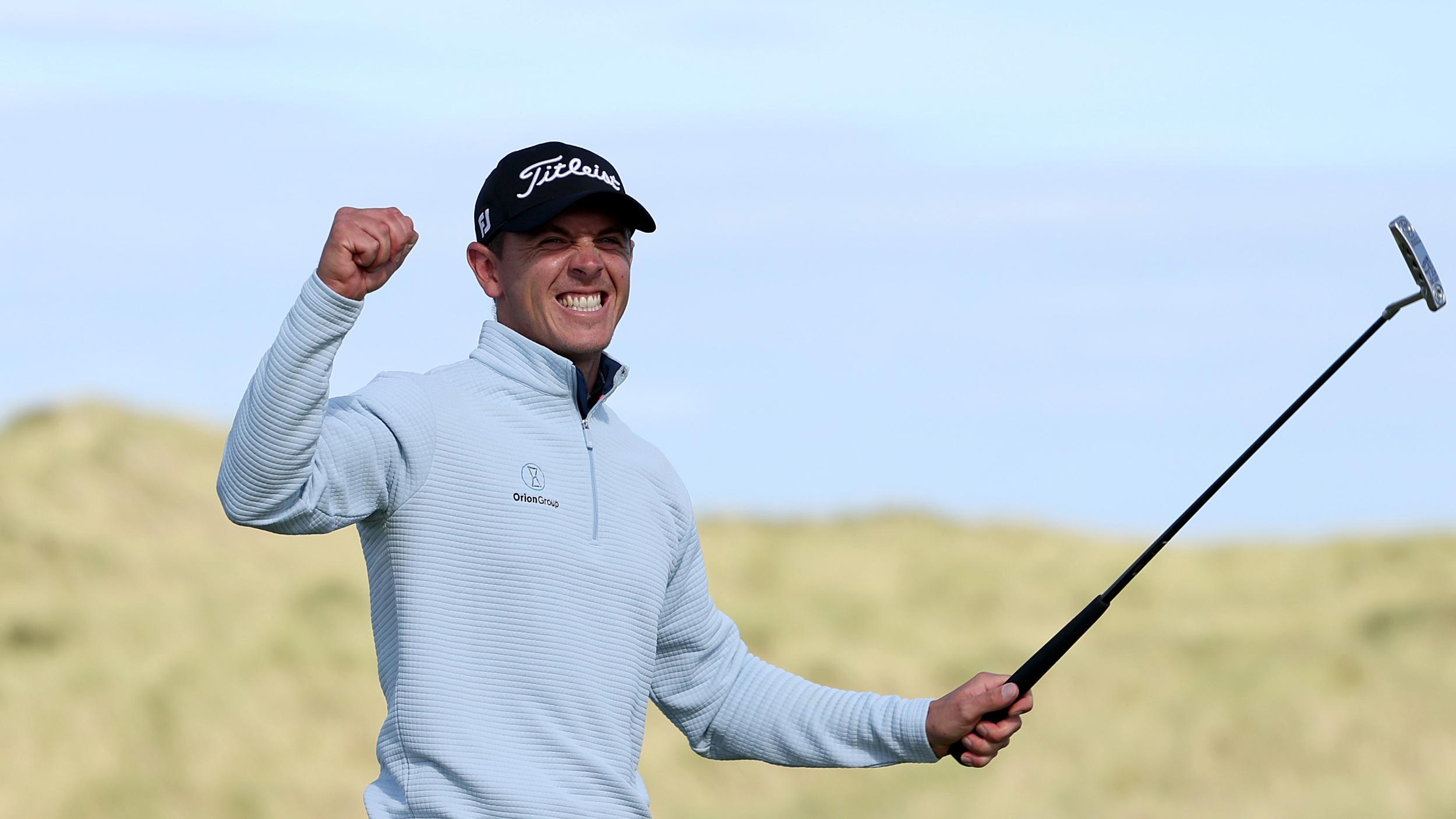 Grant Forrest celebrates holing the winning putt at the 2025 Nexo Championship