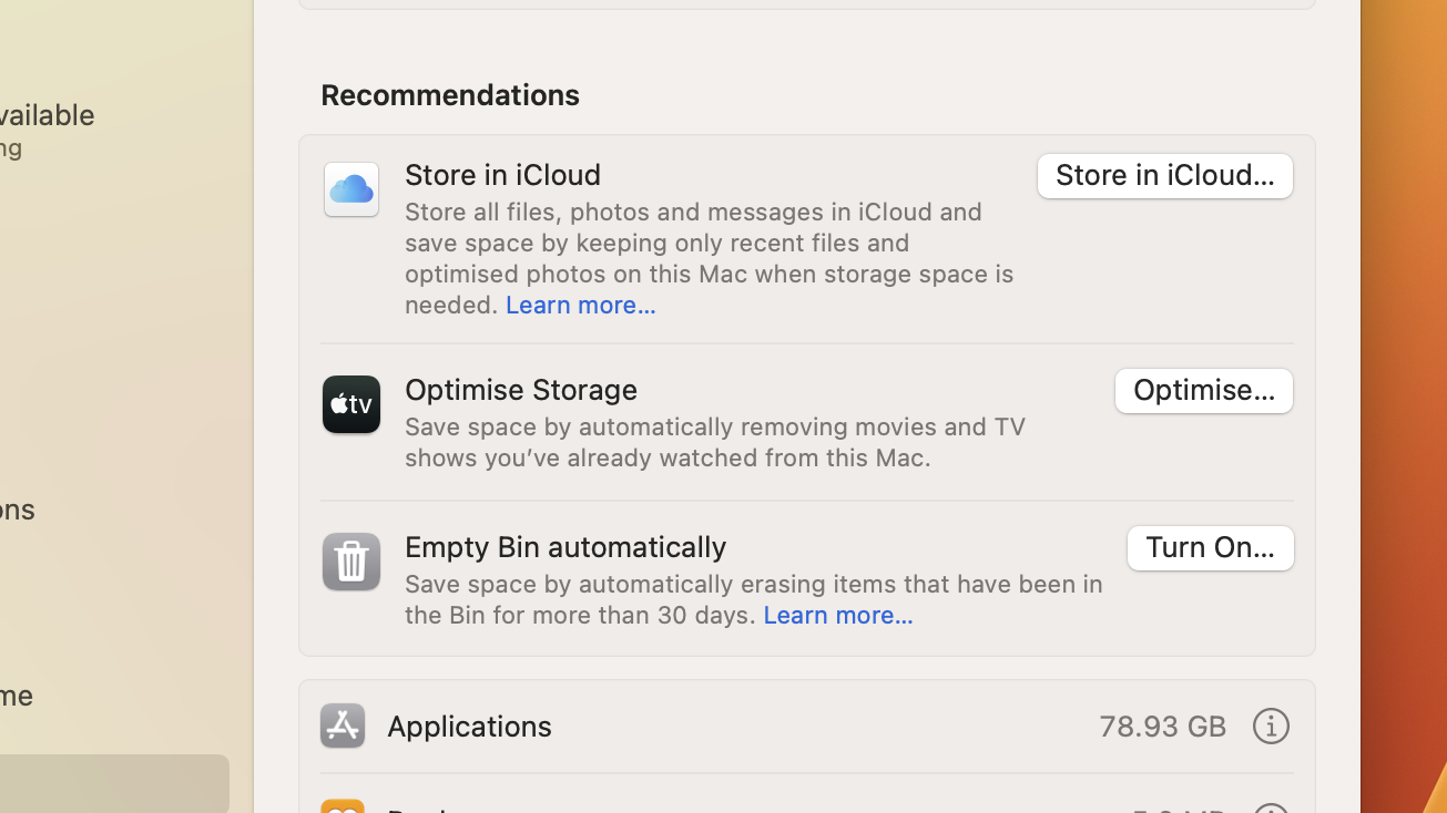 Storage recommendations in the System Preferences app in macOS Ventura.