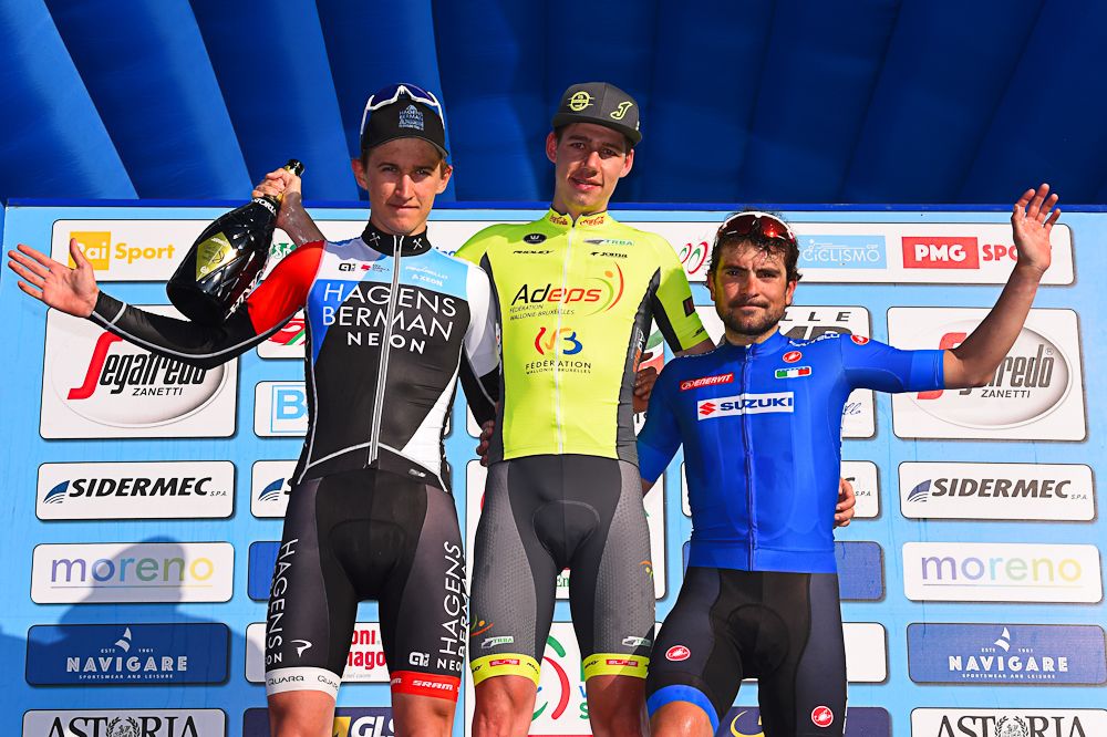 Mikkel Bjerg (Hagens Berman Axeon), Ludovic Robeet (Wallonie-Bruxelles) and Jacopo Mosca (Nazionale Italiana) on the stage 4 podium at Coppi e Bartali
