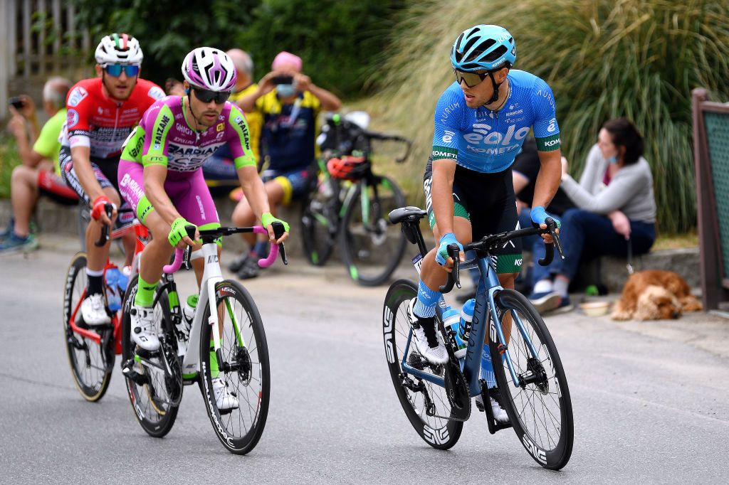 NOVARA ITALY MAY 09 Filippo Tagliani of Italy and Team Androni Giocattoli Sidermec Vincenzo Albanese of Italy and EOLOKOMETA Cycling Team Umberto Marengo of Italy and Bardiani CSF Faizan Pro Team on breakaway during the 104th Giro dItalia 2021 Stage 2 a 179km stage from Stupinigi Nichelino to Novara girodiitalia Giro UCIworldtour on May 09 2021 in Novara Italy Photo by Tim de WaeleGetty Images