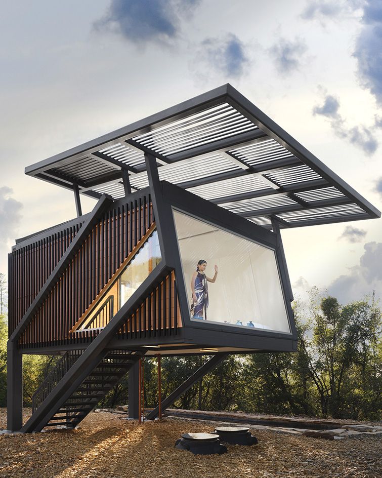 null small house, a raised steel and timber structure in the countryside that experiments as a proposal for climate resilient architecture