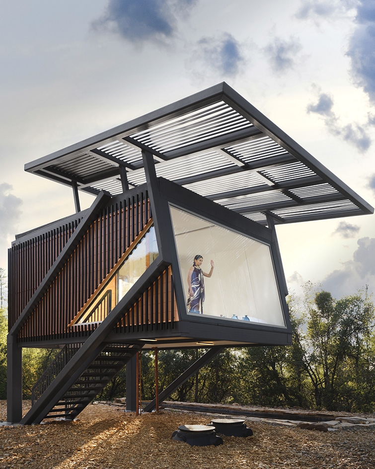 null small house, a raised steel and timber structure in the countryside that experiments as a proposal for climate resilient architecture