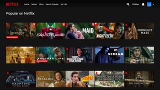 Netflix-menu, der viser populære serier