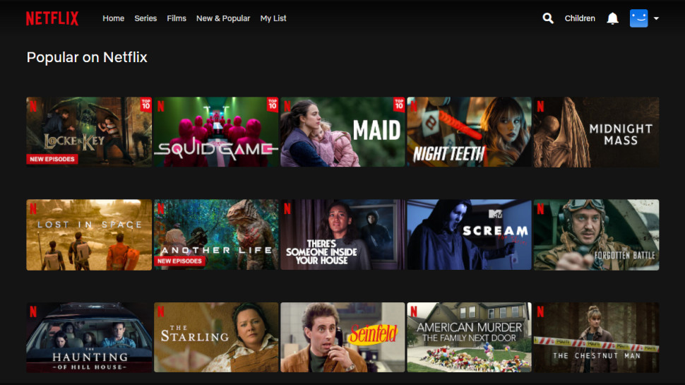 Netflix-meny med populære TV-serier