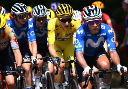 BELLEVILLE-EN-BEAUJOLAIS, FRANCE - AUGUST 05: Marlen Reusser of Switzerland and Team Movistar - Yellow leader jersey competes during the 5th Tour de France Femmes 2026, Stage 5 a 140km stage from Macon to Belleville-en-Beaujolais / #UCIWWT / on August 05, 2026 in Belleville-en-Beaujolais, France. (Photo by Alex Broadway/Getty Images)