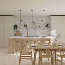 bare wooden kitchen with marble splashback