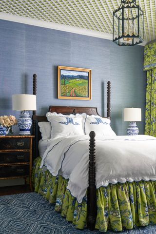 French style bedroom with lattice ceilng and blue walls