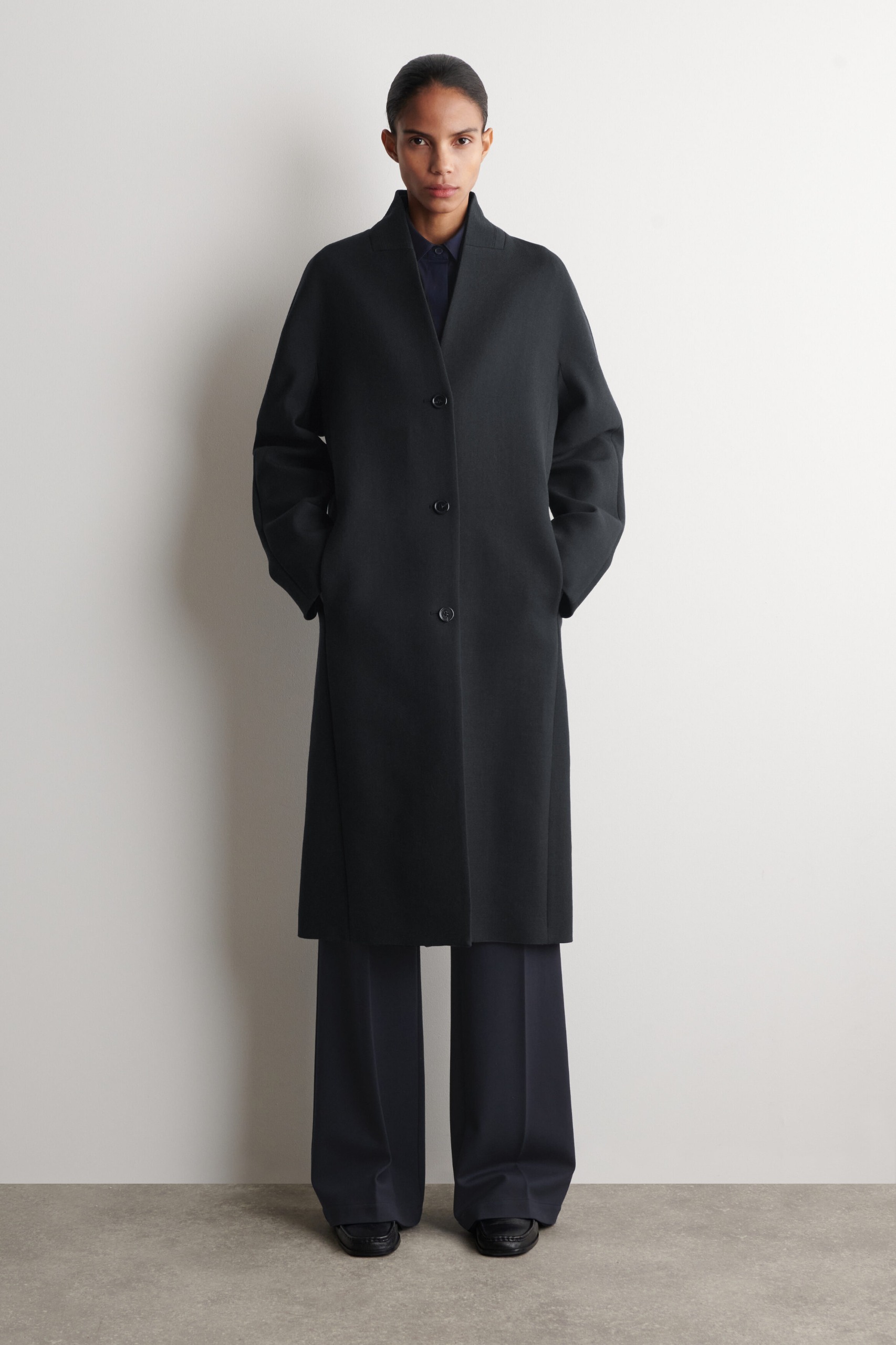 Collarless Wool-Twill Coat