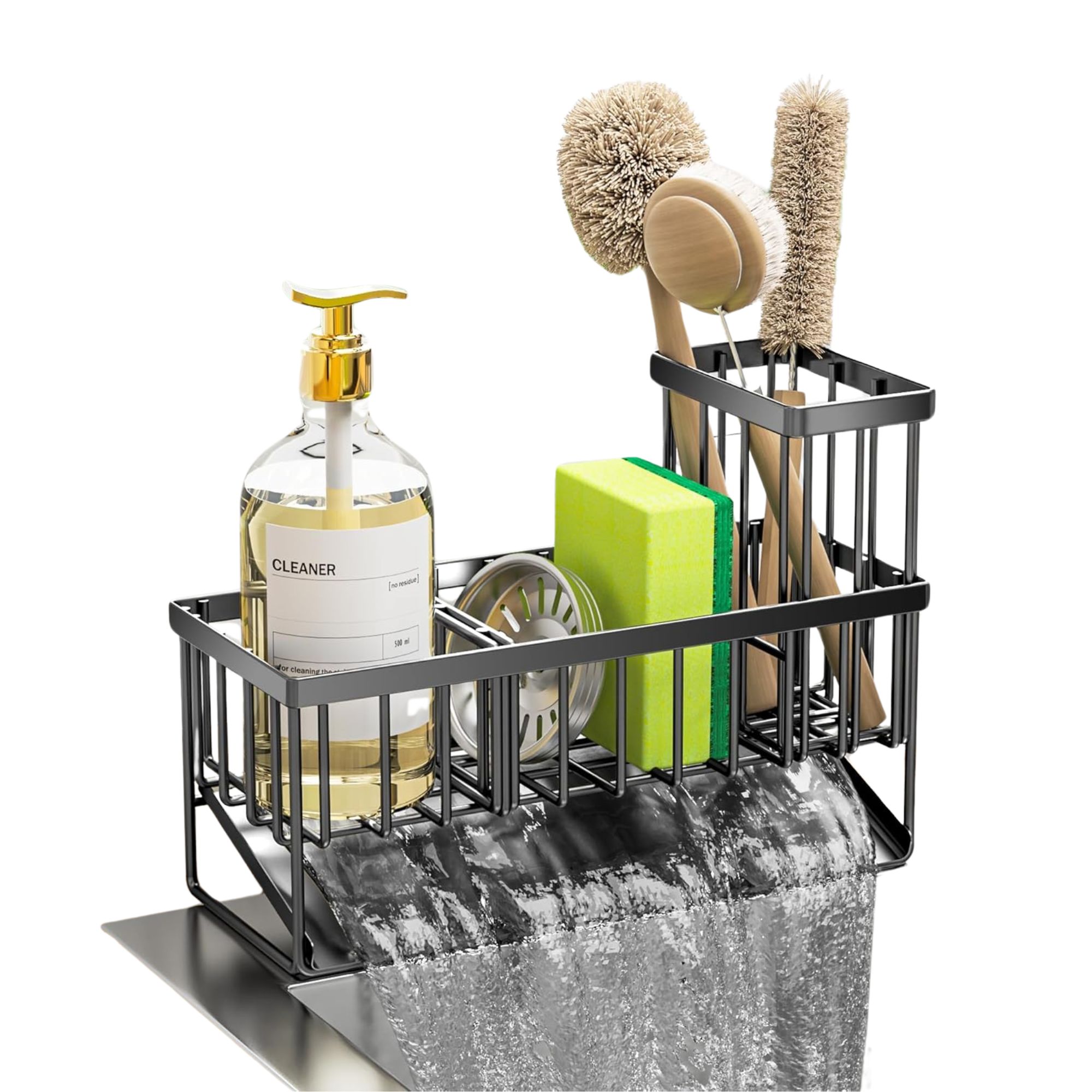 A black steel kitchen sink caddy with a soap dispenser, sponge, and cleaning brushes inside it